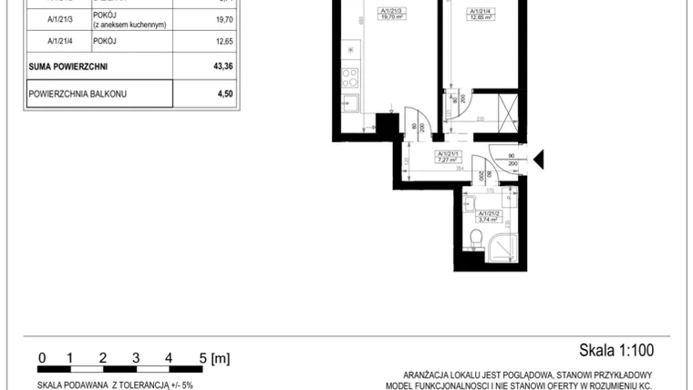 Rzut - Mieszkanie na sprzedaż 2 pokoje o powierzchni 43,53 m² - numer A-1-21 w Zamieszkaj na Rudawskiej 5