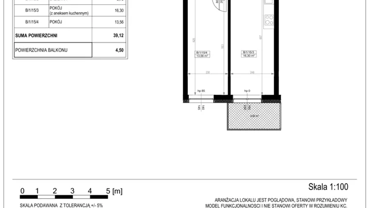 Rzut - Mieszkanie na sprzedaż 2 pokoje o powierzchni 39,12 m² - numer B-1-15 w Zamieszkaj na Rudawskiej 5