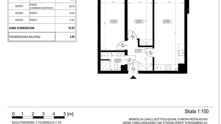 Rzut - Mieszkanie na sprzedaż 3 pokoje o powierzchni 52,55 m² - numer A-2-25 w Zamieszkaj na Rudawskiej 5