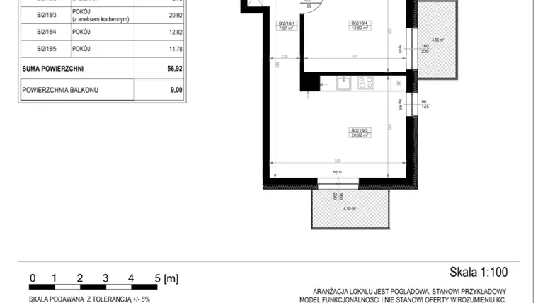 Rzut - Mieszkanie na sprzedaż 3 pokoje o powierzchni 56,93 m² - numer B-2-18 w Zamieszkaj na Rudawskiej 5