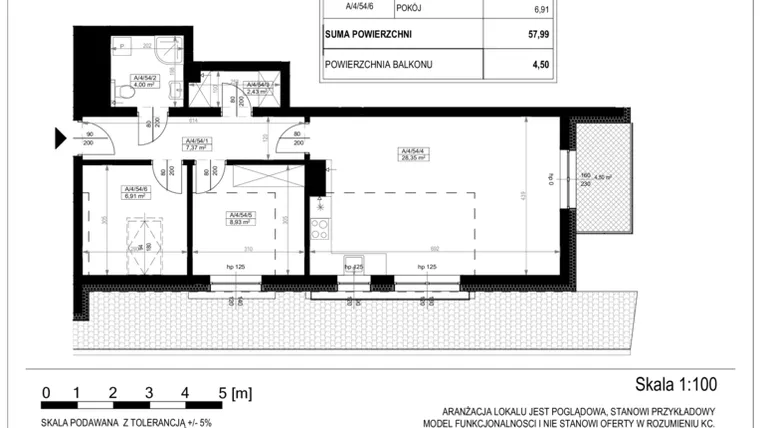 Rzut - Mieszkanie na sprzedaż 4 pokoje o powierzchni 57,91 m² - numer A-4-54 w Zamieszkaj na Rudawskiej 5