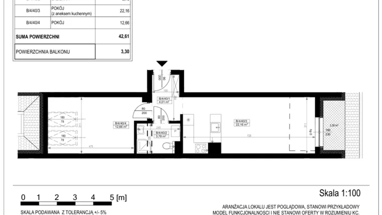 Rzut - Mieszkanie na sprzedaż 2 pokoje o powierzchni 42,39 m² - numer B-4-40 w Zamieszkaj na Rudawskiej 5