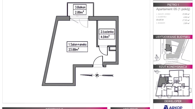 Rzut - Mieszkanie na sprzedaż 1 pokój o powierzchni 27,92 m² - numer 5 w Centro Domini