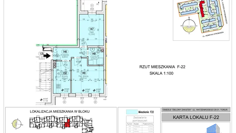 Rzut - Mieszkanie na sprzedaż 2 pokoje o powierzchni 46,68 m² - numer F.22 w Zielony Zakątek bud. F