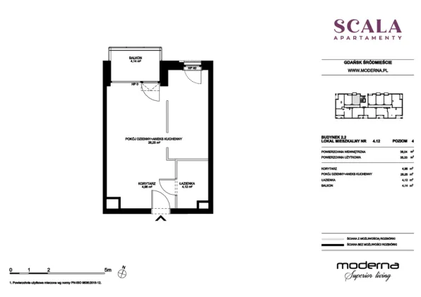 Rzut - Mieszkanie na sprzedaż 1 pokój o powierzchni 36,04 m² - numer 2.2-4.12 N w Scala