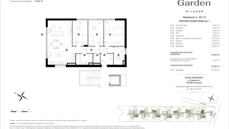 Rzut - Mieszkanie na sprzedaż 5 pokoi o powierzchni 110,44 m² - numer A01.01 w Royal Garden Wilanów Apartamenty