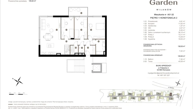 Rzut - Mieszkanie na sprzedaż 5 pokoi o powierzchni 138,3 m² - numer A01.02 w Royal Garden Wilanów Apartamenty