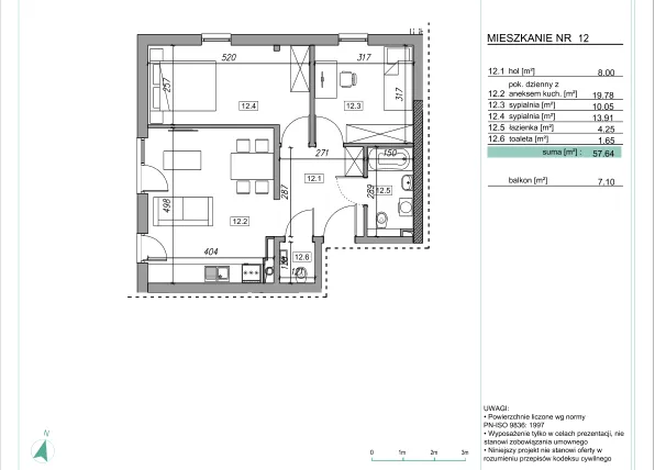 Rzut - Mieszkanie na sprzedaż 3 pokoje o powierzchni 57,64 m² - numer C2.12 w Na Wzgórzach