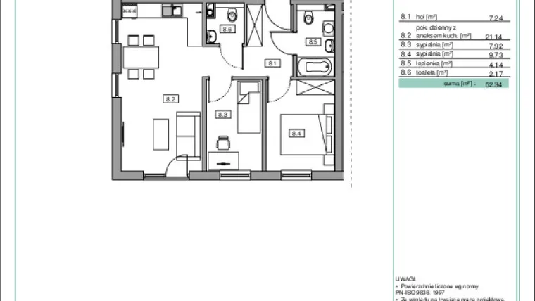 Rzut - Mieszkanie na sprzedaż 3 pokoje o powierzchni 52,51 m² - numer B3.11 w Na Wzgórzach