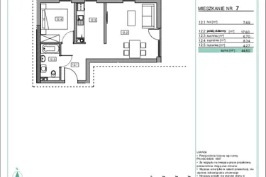 Rzut - Mieszkanie na sprzedaż 2 pokoje o powierzchni 44,69 m² - numer B3.7 w Na Wzgórzach