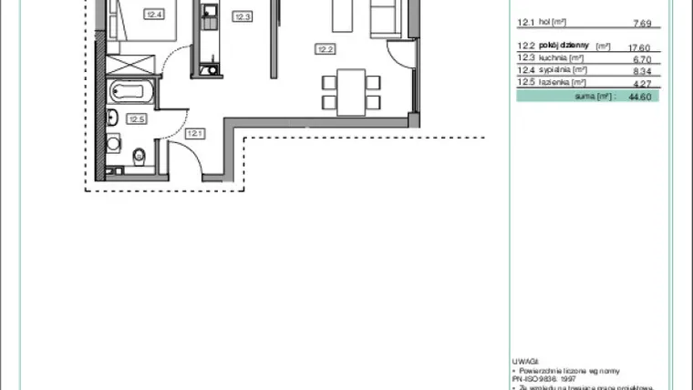 Rzut - Mieszkanie na sprzedaż 2 pokoje o powierzchni 44,69 m² - numer B3.7 w Na Wzgórzach