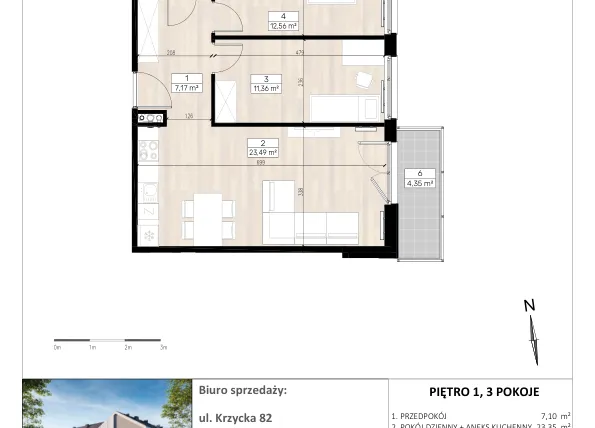 Rzut - Mieszkanie na sprzedaż 3 pokoje o powierzchni 58,67 m² - numer K1/1/2 w RIVA