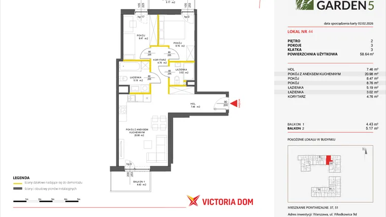 Rzut - Mieszkanie na sprzedaż 3 pokoje o powierzchni 59,29 m² - numer 44 w Nova Viva Garden 5
