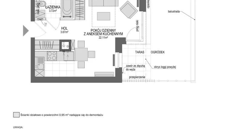 Rzut - Mieszkanie na sprzedaż 1 pokój o powierzchni 30,45 m² - numer 1_8_Ł_MK_26 w Perspektywa etap II