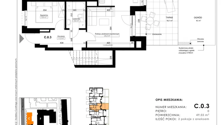 Rzut - Mieszkanie na sprzedaż 2 pokoje o powierzchni 48,83 m² - numer C.0.3 w Nowy Folwark