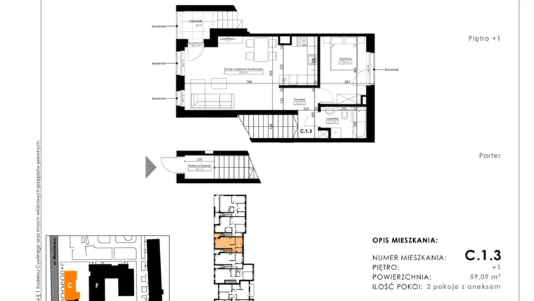 Rzut - Mieszkanie na sprzedaż 2 pokoje o powierzchni 55,21 m² - numer C.1.3 w Nowy Folwark