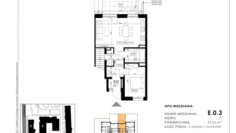 Rzut - Mieszkanie na sprzedaż 2 pokoje o powierzchni 54,65 m² - numer E.0.3 w Nowy Folwark