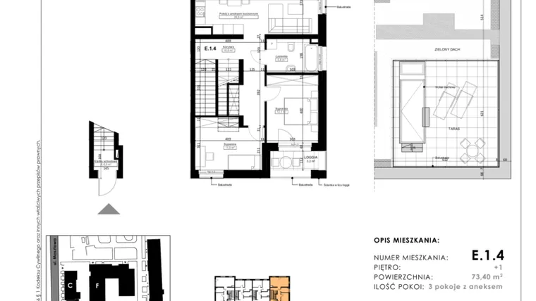 Rzut - Mieszkanie na sprzedaż 3 pokoje o powierzchni 68,43 m² - numer E.1.4 w Nowy Folwark