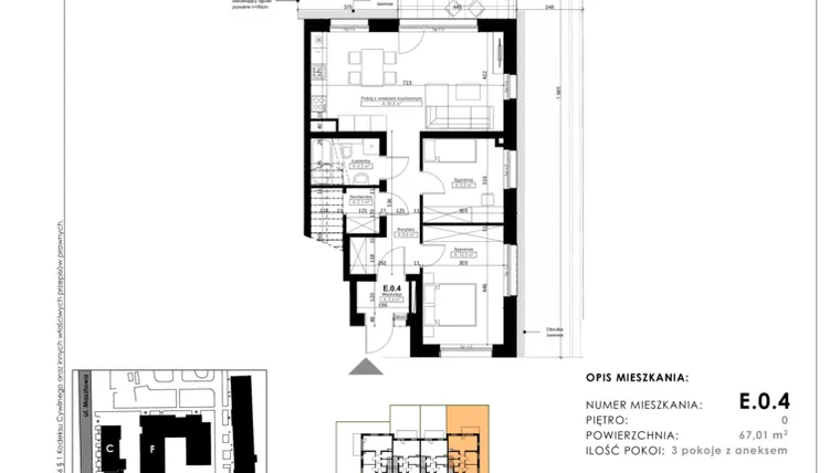 Rzut - Mieszkanie na sprzedaż 3 pokoje o powierzchni 67,91 m² - numer E.0.4 w Nowy Folwark