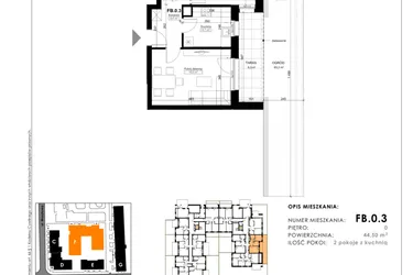 Rzut - Mieszkanie na sprzedaż 2 pokoje o powierzchni 44,5 m² - numer FB.0.3 w Nowy Folwark