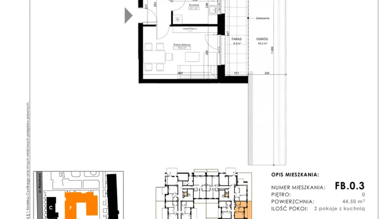 Rzut - Mieszkanie na sprzedaż 2 pokoje o powierzchni 44,5 m² - numer FB.0.3 w Nowy Folwark