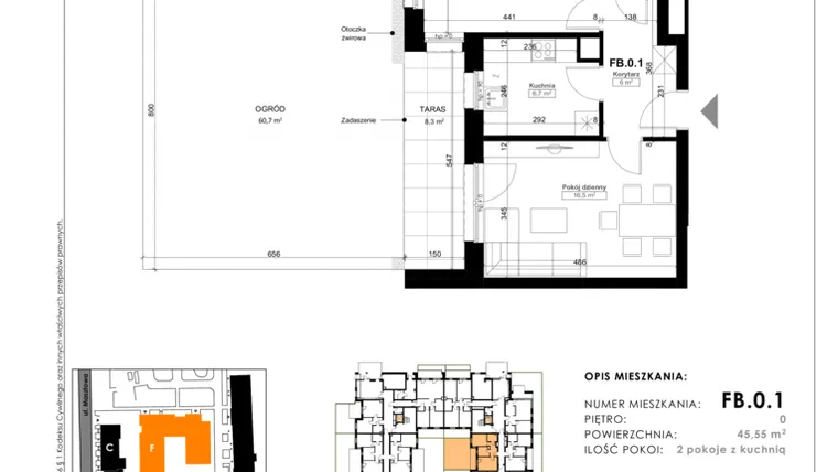 Rzut - Mieszkanie na sprzedaż 2 pokoje o powierzchni 45,55 m² - numer FB.0.1 w Nowy Folwark