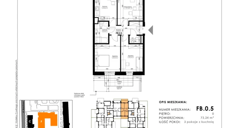 Rzut - Mieszkanie na sprzedaż 3 pokoje o powierzchni 73,24 m² - numer FB.0.5 w Nowy Folwark