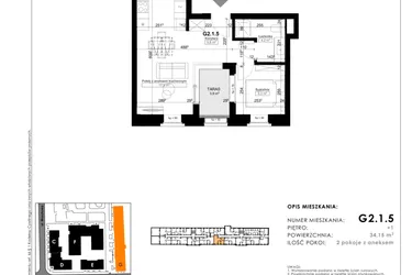 Rzut - Mieszkanie na sprzedaż 2 pokoje o powierzchni 41,35 m² - numer G2.1.5 w Nowy Folwark