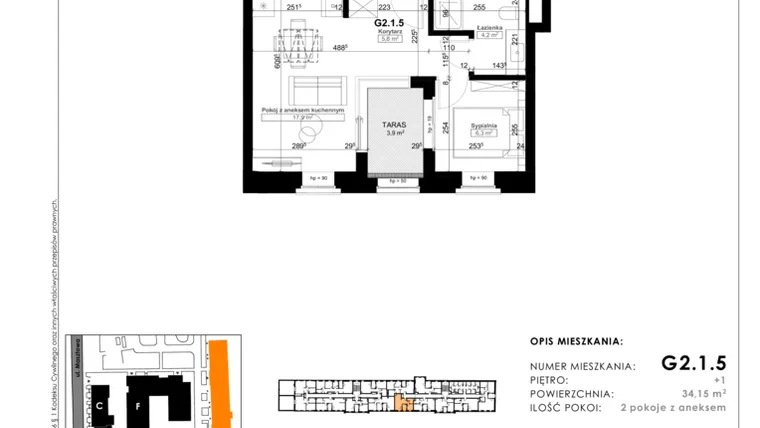 Rzut - Mieszkanie na sprzedaż 2 pokoje o powierzchni 41,35 m² - numer G2.1.5 w Nowy Folwark