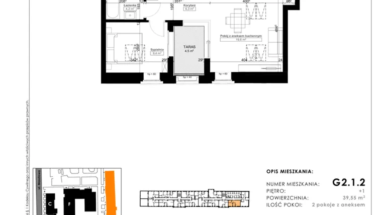 Rzut - Mieszkanie na sprzedaż 2 pokoje o powierzchni 43,41 m² - numer G2.1.2 w Nowy Folwark
