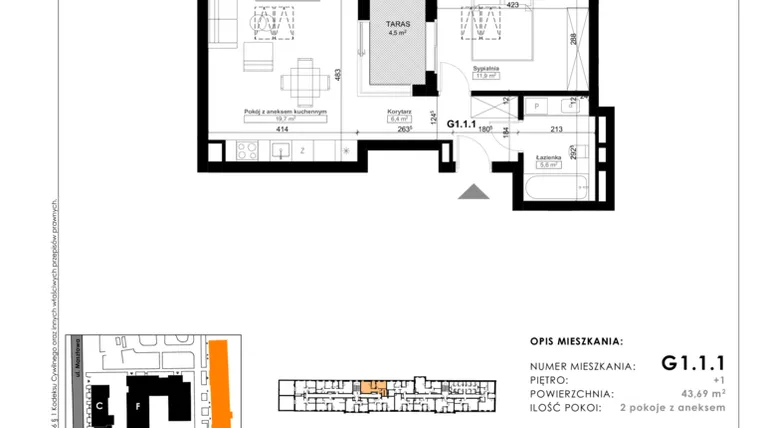 Rzut - Mieszkanie na sprzedaż 2 pokoje o powierzchni 48,96 m² - numer G1.1.1 w Nowy Folwark