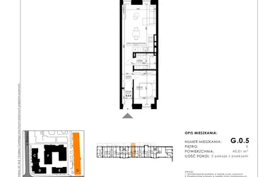Rzut - Mieszkanie na sprzedaż 2 pokoje o powierzchni 46,11 m² - numer G.0.5 w Nowy Folwark