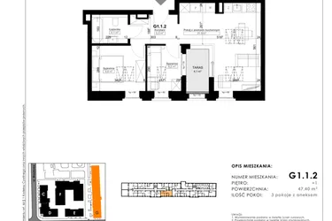 Rzut - Mieszkanie na sprzedaż 3 pokoje o powierzchni 55,2 m² - numer G1.1.2 w Nowy Folwark