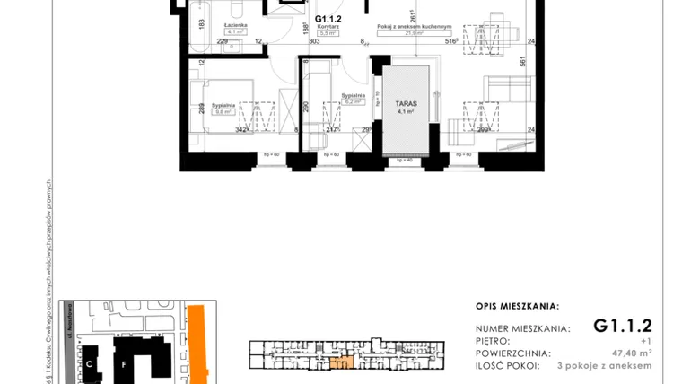 Rzut - Mieszkanie na sprzedaż 3 pokoje o powierzchni 55,2 m² - numer G1.1.2 w Nowy Folwark