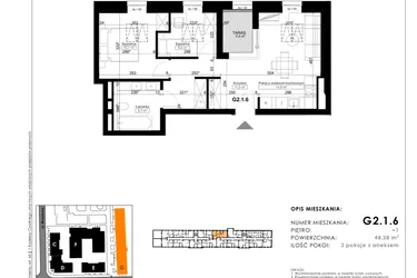 Rzut - Mieszkanie na sprzedaż 3 pokoje o powierzchni 49,72 m² - numer G2.1.6 w Nowy Folwark