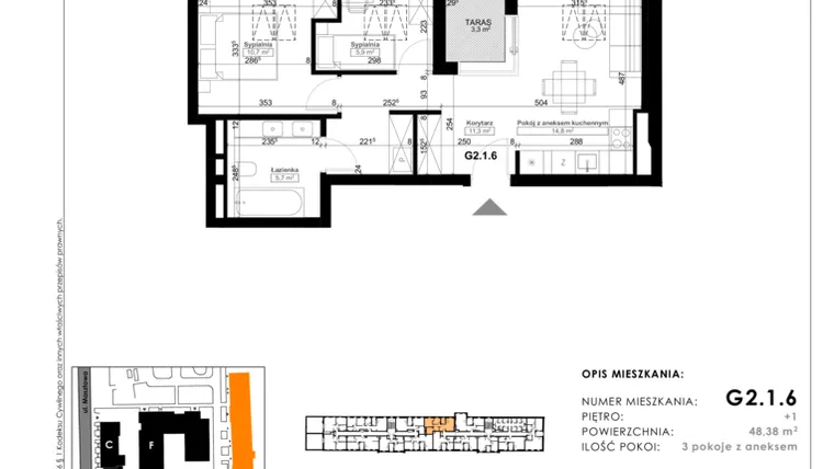Rzut - Mieszkanie na sprzedaż 3 pokoje o powierzchni 49,72 m² - numer G2.1.6 w Nowy Folwark
