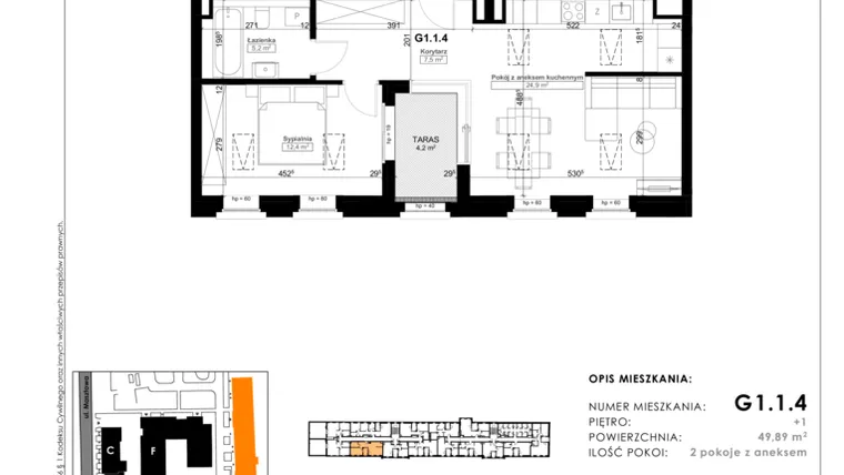 Rzut - Mieszkanie na sprzedaż 2 pokoje o powierzchni 54,31 m² - numer G1.1.4 w Nowy Folwark