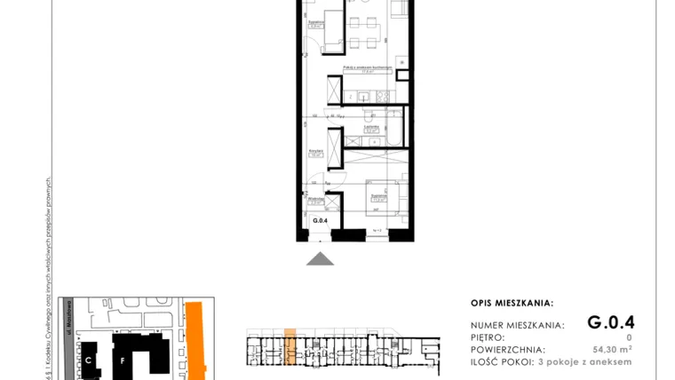 Rzut - Mieszkanie na sprzedaż 3 pokoje o powierzchni 54,38 m² - numer G.0.4 w Nowy Folwark