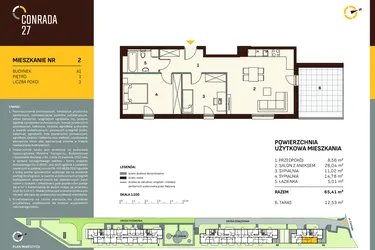 Rzut - Mieszkanie na sprzedaż 3 pokoje o powierzchni 65,41 m² - numer A1.2 w Conrada 27