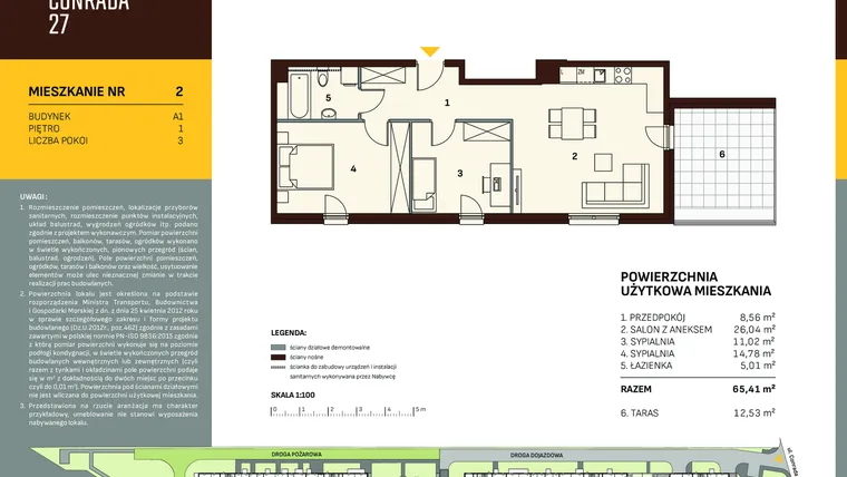 Rzut - Mieszkanie na sprzedaż 3 pokoje o powierzchni 65,41 m² - numer A1.2 w Conrada 27