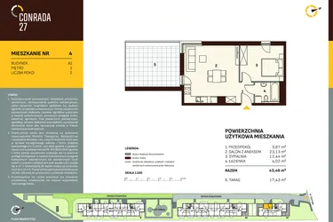 Rzut - Mieszkanie na sprzedaż 2 pokoje o powierzchni 43,46 m² - numer A1.4 w Conrada 27