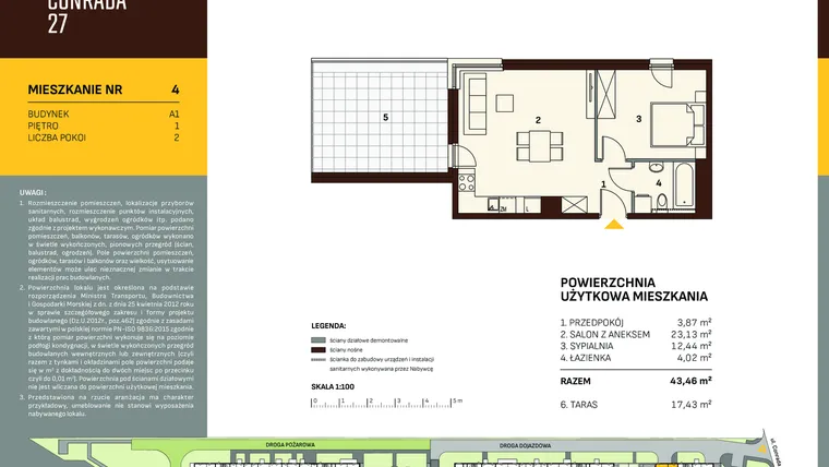 Rzut - Mieszkanie na sprzedaż 2 pokoje o powierzchni 43,46 m² - numer A1.4 w Conrada 27