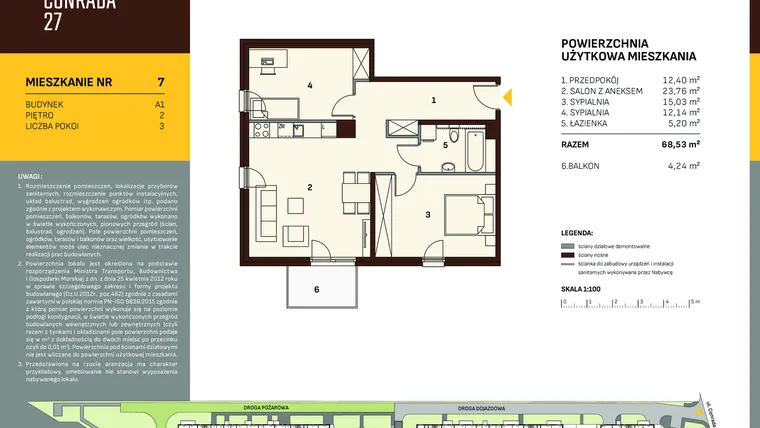 Rzut - Mieszkanie na sprzedaż 3 pokoje o powierzchni 68,53 m² - numer A1.7 w Conrada 27