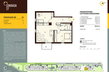 Rzut - Mieszkanie na sprzedaż 3 pokoje o powierzchni 68,51 m² - numer A1.15 w Conrada 27