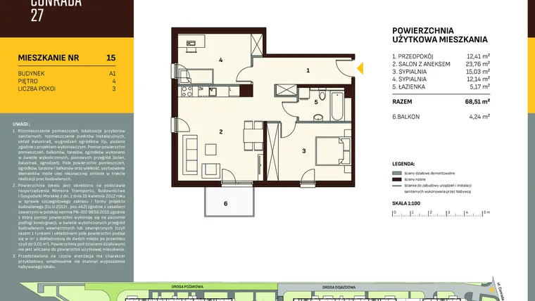 Rzut - Mieszkanie na sprzedaż 3 pokoje o powierzchni 68,51 m² - numer A1.15 w Conrada 27