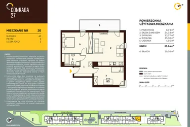 Rzut - Mieszkanie na sprzedaż 3 pokoje o powierzchni 65,84 m² - numer A2.26 w Conrada 27