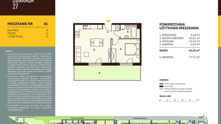 Rzut - Mieszkanie na sprzedaż 2 pokoje o powierzchni 43,55 m² - numer B.81 w Conrada 27