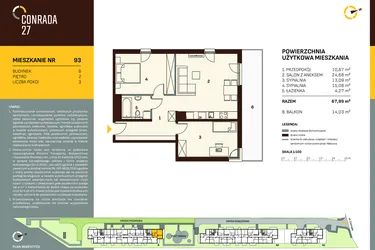 Rzut - Mieszkanie na sprzedaż 3 pokoje o powierzchni 67,99 m² - numer B.93 w Conrada 27