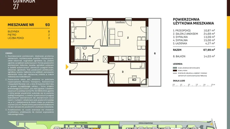 Rzut - Mieszkanie na sprzedaż 3 pokoje o powierzchni 67,99 m² - numer B.93 w Conrada 27
