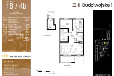 Rzut - Mieszkanie na sprzedaż 3 pokoje o powierzchni 54,53 m² - numer 1B/4b w Budziwojska 3